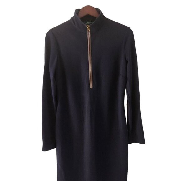 Ralph Lauren Mock Neck Navy Blue Dress Long Sleeve Lamb Leather Trim Half Zip 8 - Picture 1 of 10